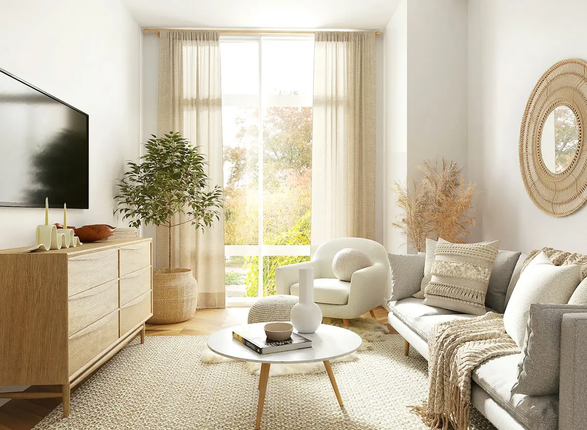 Salón luminoso y ordenado con sofá blanco
